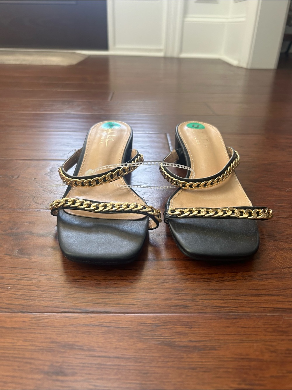 New Block heels-Nicole Miller Black Slide Sandals with Gold Chain Accent